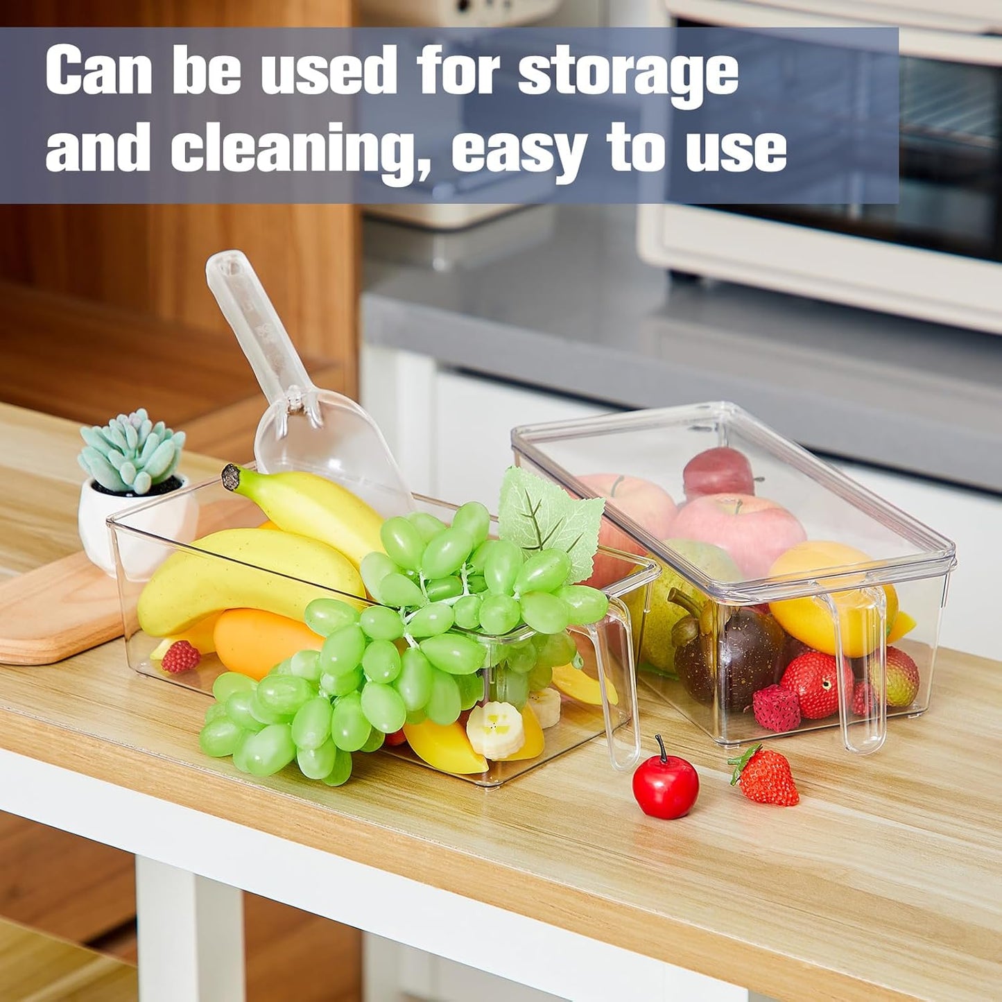 Havawish 4 Pcs Ice Storage Bin for Freezer with Lid and Flexible Scoop Set Plastic Ice Container with Lid Handle for Home Office Fridge Storage (12.4 x 8.07 x 3.94 Inches,Clear)