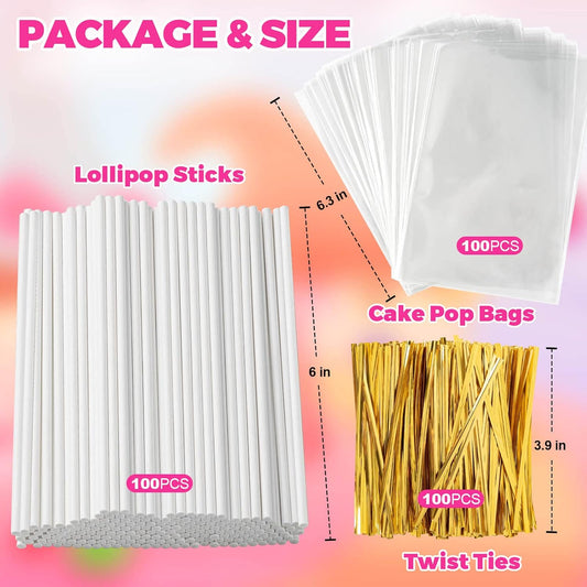 300Pcs Lollipop Sticks and Wrappers Kit, 100Pcs 6IN Cake Pop Stick, 100pcs Clear Candy Treat Bags Parcel, 100pcs Gold Twist Ties for Lollipops, Candies, Chocolates Cookies