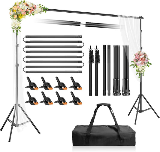 Backdrop Stand 10x7ft(WxH), Photo Studio Adjustable Background Stand Support System Kit with 8 Crossbars, 8 Clamps and Carrying Bag for Parties, Wedding, Photography, Decoration
