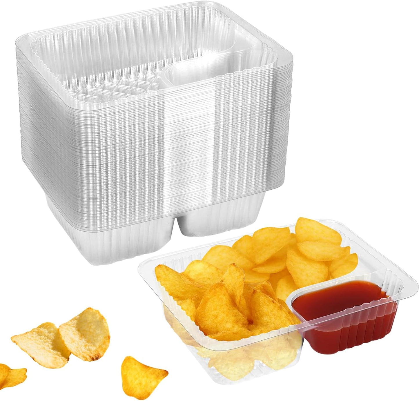 200 Pcs 12oz 6.5''x5'' Plastic Nacho Trays, Small Disposable Tray for Nachos & Cheese Dip, Clear Nacho Containers for Chip, 2 Compartment Movie Night Snack Trays Great for Snacks, Fair Foods