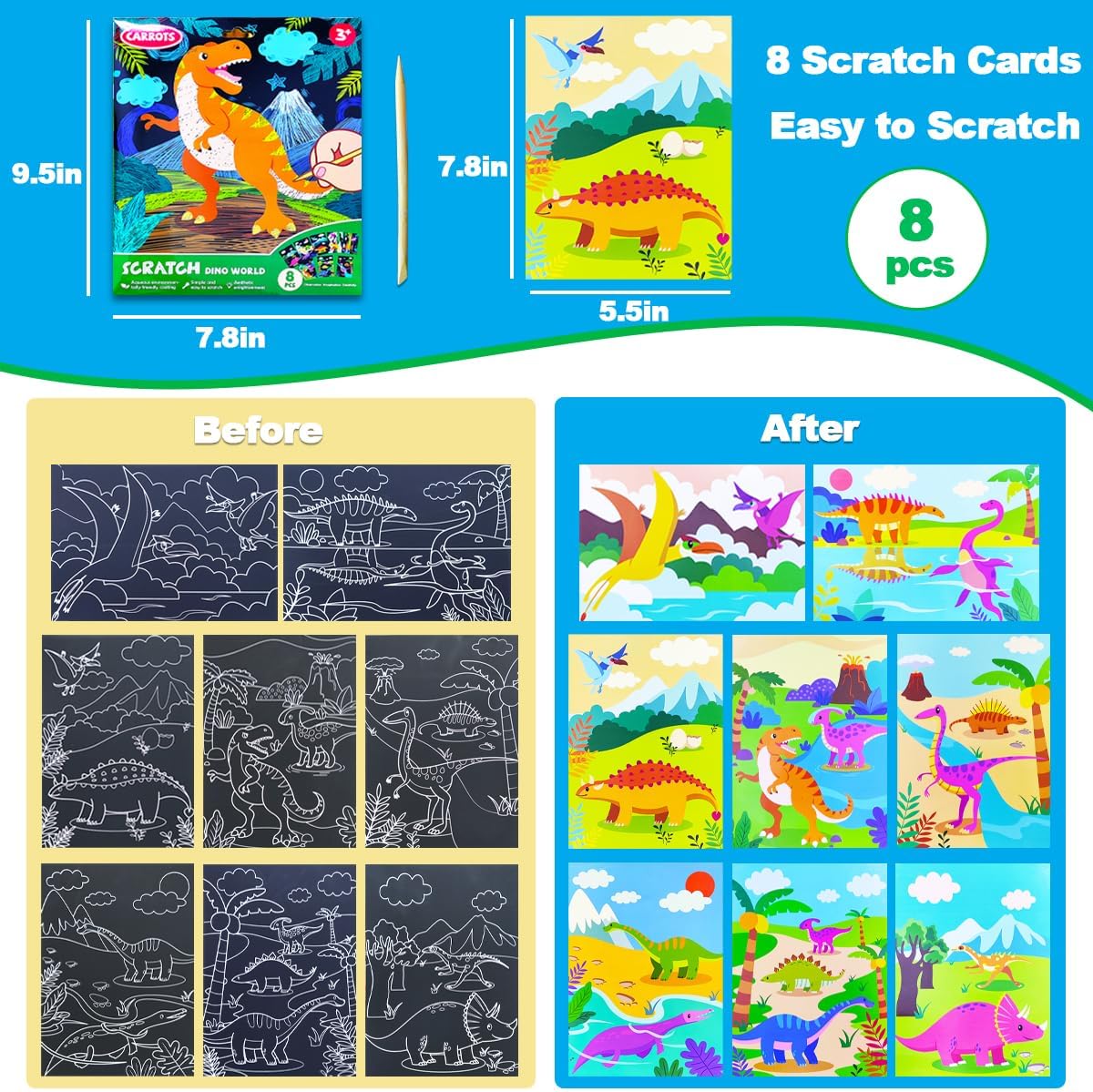 JUNQIU Scratch Art for Kids, Unicorns Black Rainbow Scratch Art Paper Set-Arts and Crafts & Supplies, DIY Activity & Party Games, Gifts for Toddlers, Girls & Boys Ages 3, 4, 5, 6, 7, 8