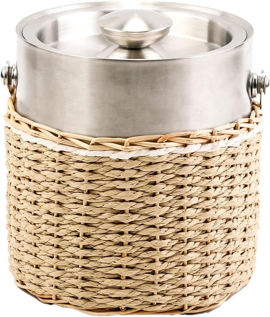 Handwoven 3L Stainless Steel Ice Bucket with Lid and Ice Tongs, Large Insulated Chilling Bucket Handcrafted Wicker Paper Rope for Party Wedding Home Bar Decor