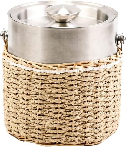 Handwoven 3L Stainless Steel Ice Bucket with Lid and Ice Tongs, Large Insulated Chilling Bucket Handcrafted Wicker Paper Rope for Party Wedding Home Bar Decor