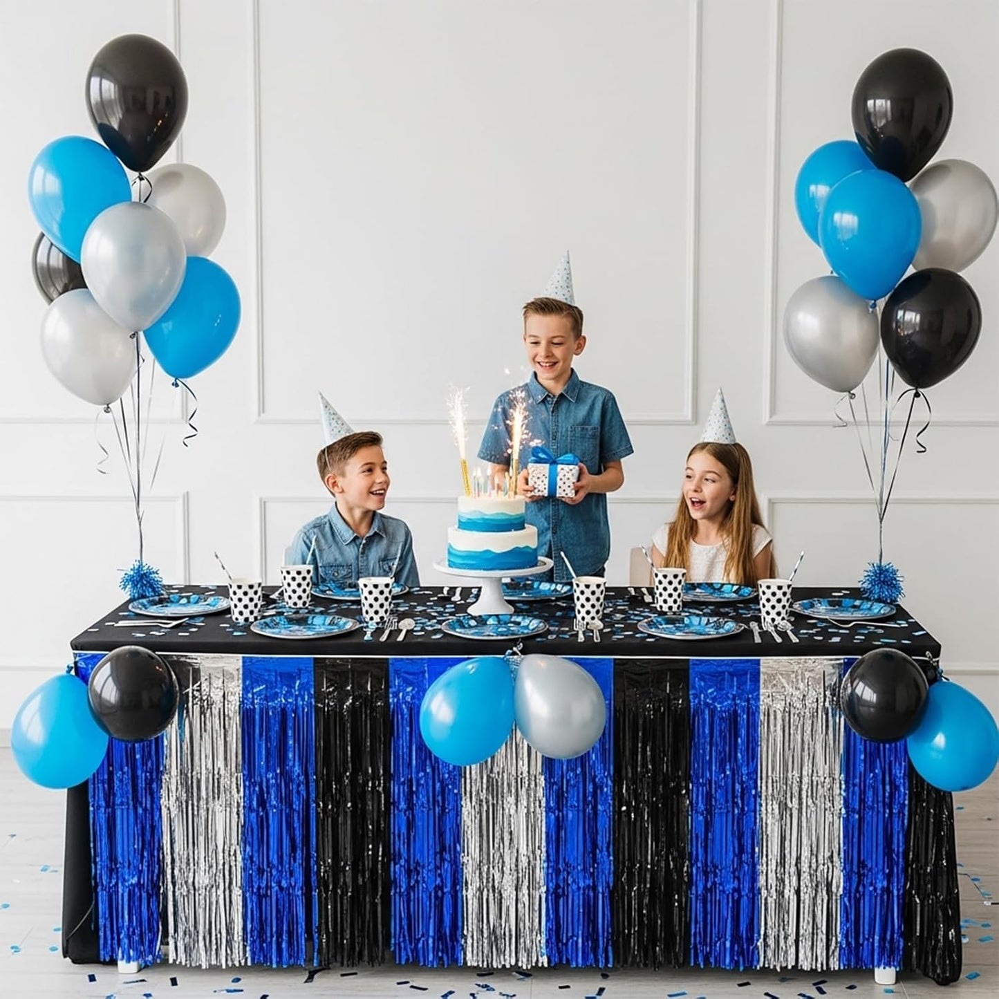 BEISHIDA 2 Pack Metallic Tinsel Foil Fringe Table Skirts for Rectangle & Round Tables Hot Pink Kids' Birthday, Holiday Cartoon Party Decorations for Birthday Valentines Baby Shower Festive Events