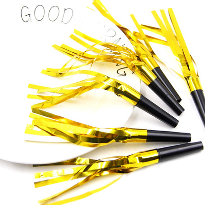 24 Pieces silvery Glitter Metallic Fringed Noise Maker Musical Blowouts, Squawker Whistles Party Noisemakers for Birthday, New Year, Party Favor Decoration Supplies (Golden)