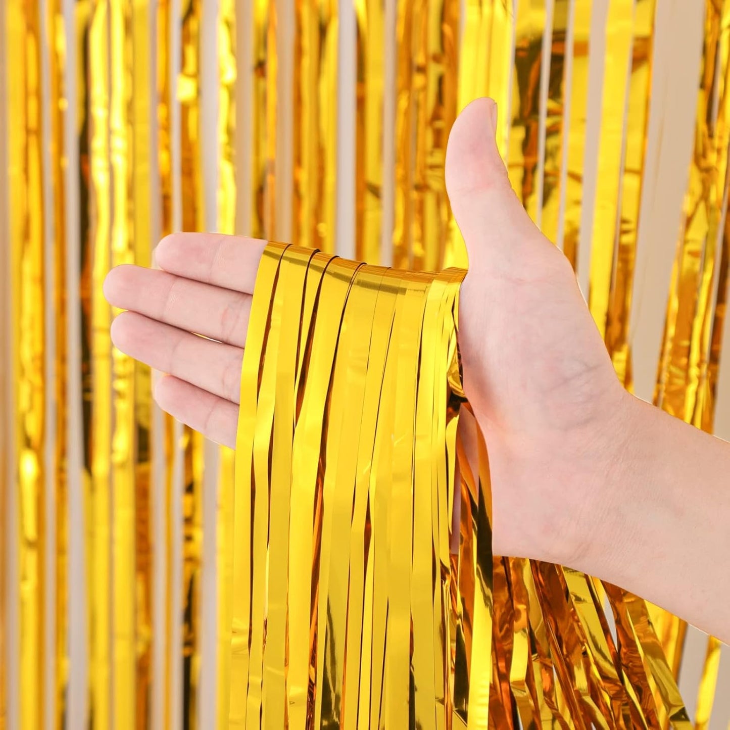 Voircoloria 3 Pack 3.3x8.2 Feet Gold Foil Fringe Backdrop Curtains, Tinsel Streamers, Fringe Backdrop for 2025 New Years Eve, Graduation, Birthday, Baby Shower, Gender Reveal, Disco Party - Colors A