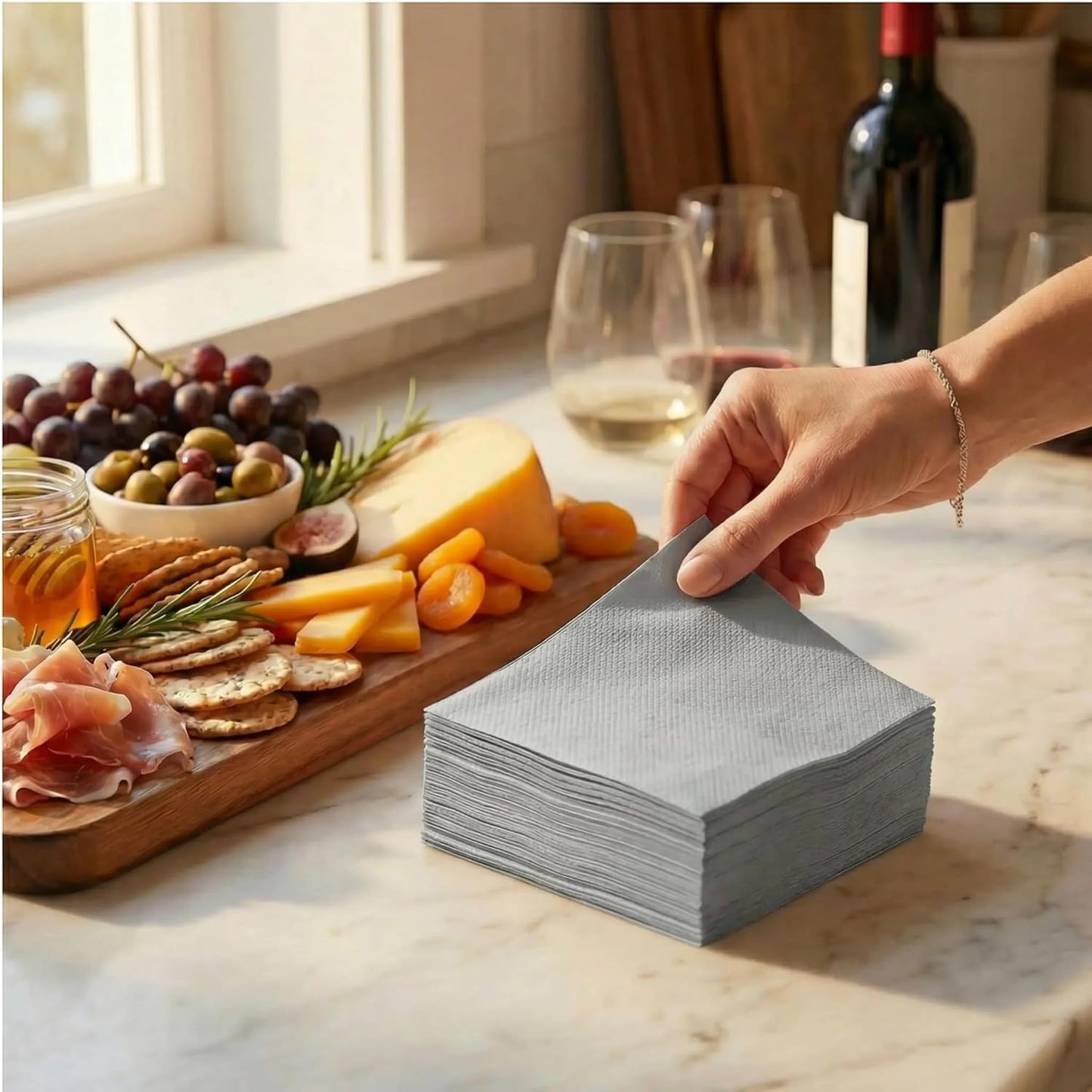 AH AMERICAN HOMESTEAD Cocktail Napkins-Disposable Beverage/Bar Napkins-White Linen-Like Square Napkins-Eco-Friendly & Compostable-Everyday Use, Party or Wedding 4.75inch x 4.75inch (100 Count, White)