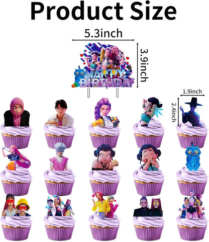 16Pcs Cute Anime Cake Decorations with 15pcs Cupcake Toppers, 1pcs Happy Birthday Cake Topper, Cartoon Themed Party Supplies, Perfect for Birthday Party Decorations