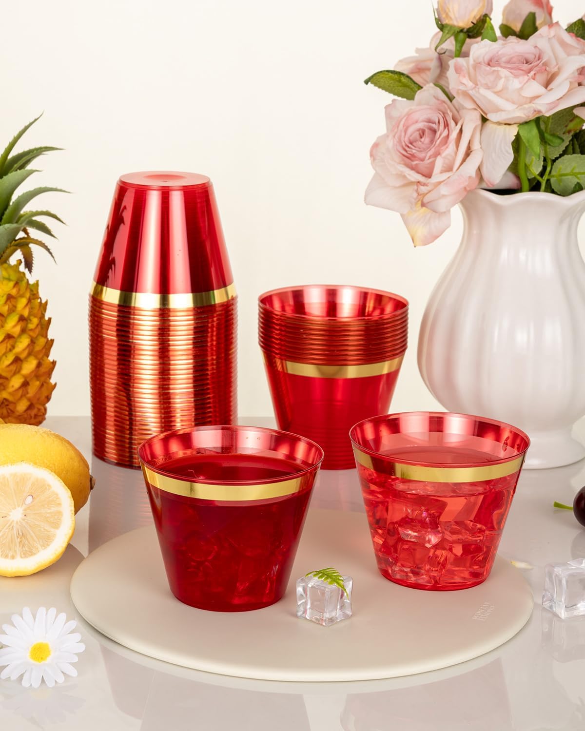 Goodluck 100PCS 9oz Gold Plastic Cups for Party, Disposable Gold Rim Cups, Plastic Cocktail Glasses for Wedding Thanksgiving, Christmas, and Parties