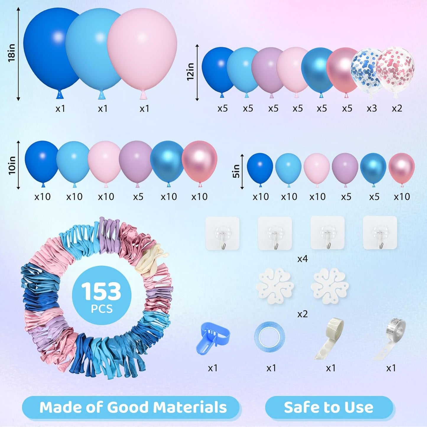 Amandir 153pcs Purple Blue Pink Balloon Garland Arch Kit, Different Sizes 18 12 10 5 inch Teal Yellow Latex Metallic Confetti Balloons for Magic Birthday Engagement Party Decoration