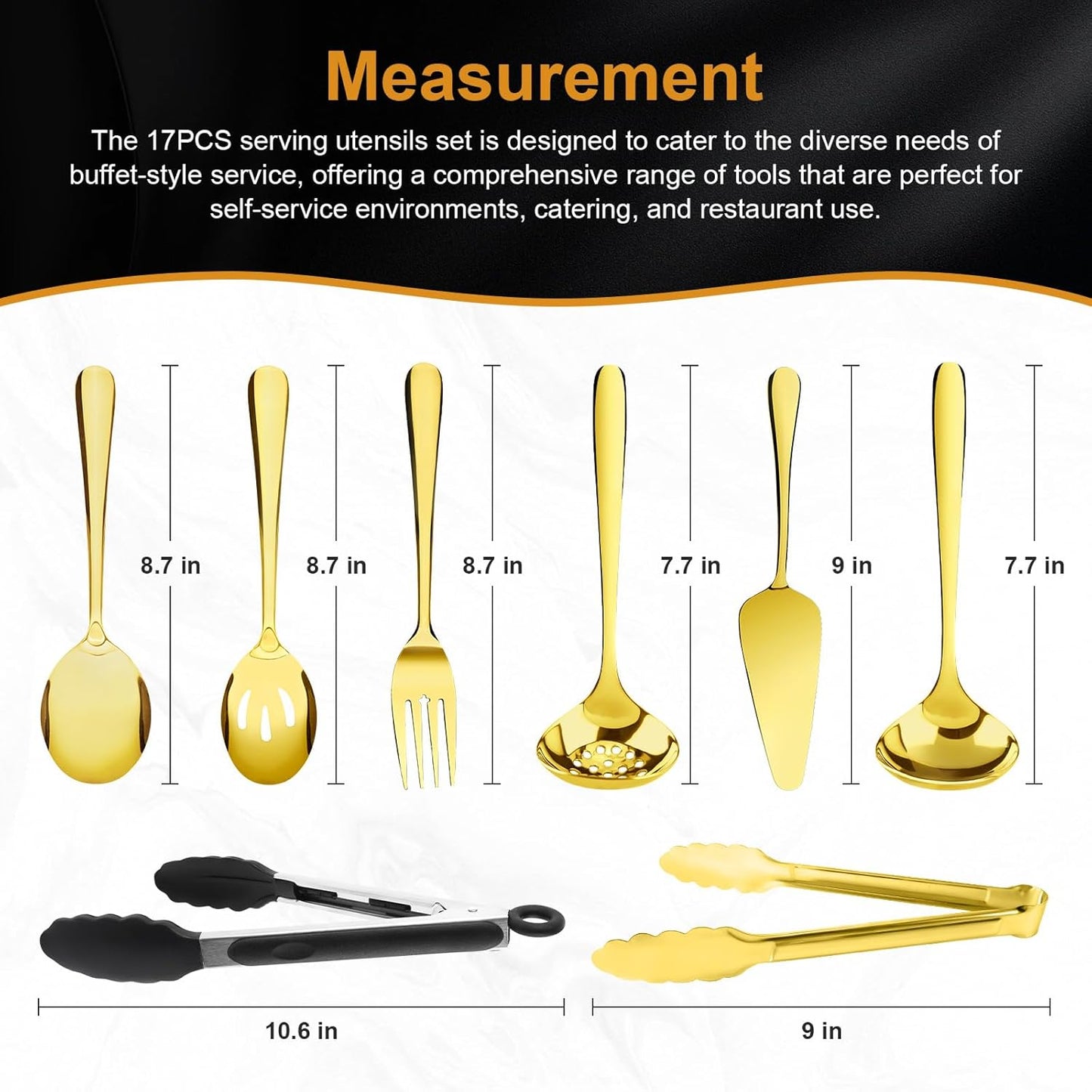 17PCS Serving Utensils Set Flatware, Stainless Steel Serveware Large Serving Spoons, Slotted Spoons, Forks, Tongs, Cake Server,Soup and Skimmer Spoon for Buffet, Catering, Party, Dinner (Silver)