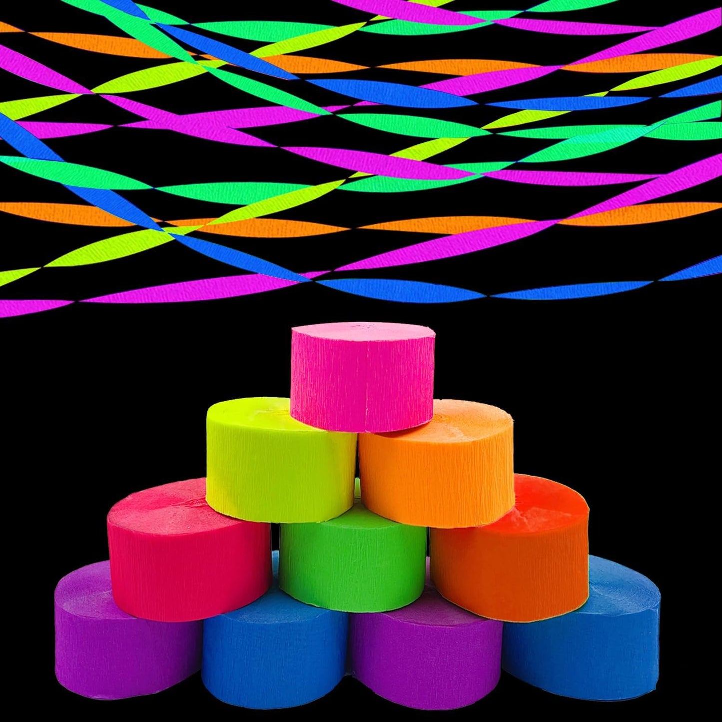 600 feet Glow Crepe Paper Streamers UV Glow Party Neon Streamer Decorations Glow in The Dark Black Light Reactive Fluorescent Neon Paper Party Streamers Wedding Birthday Blacklight Party Supplies