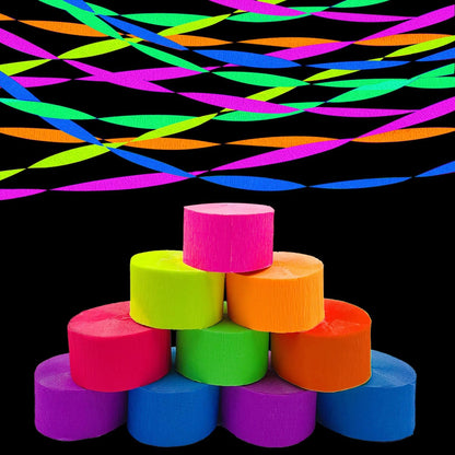 600 feet Glow Crepe Paper Streamers UV Glow Party Neon Streamer Decorations Glow in The Dark Black Light Reactive Fluorescent Neon Paper Party Streamers Wedding Birthday Blacklight Party Supplies