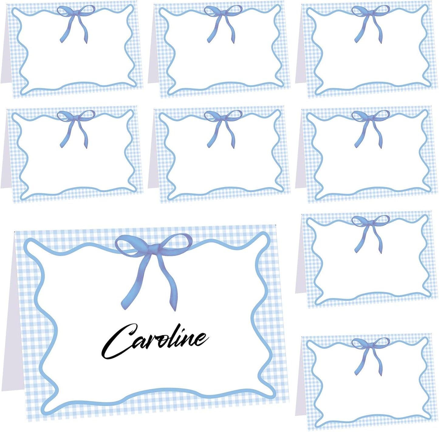 Maitys 24 Pcs Blue Gingham Picnic Party Decoration Bow Place Cards 6 x 4 Inch Summer Themed Bow Tent Card Large Holiday Table Setting Food Label for Summer BBQ Bridal Showers Supplies