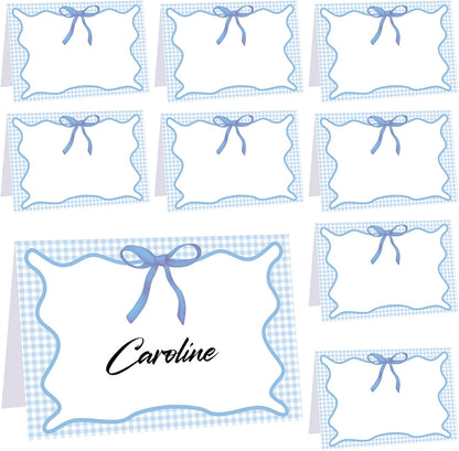 Maitys 24 Pcs Blue Gingham Picnic Party Decoration Bow Place Cards 6 x 4 Inch Summer Themed Bow Tent Card Large Holiday Table Setting Food Label for Summer BBQ Bridal Showers Supplies