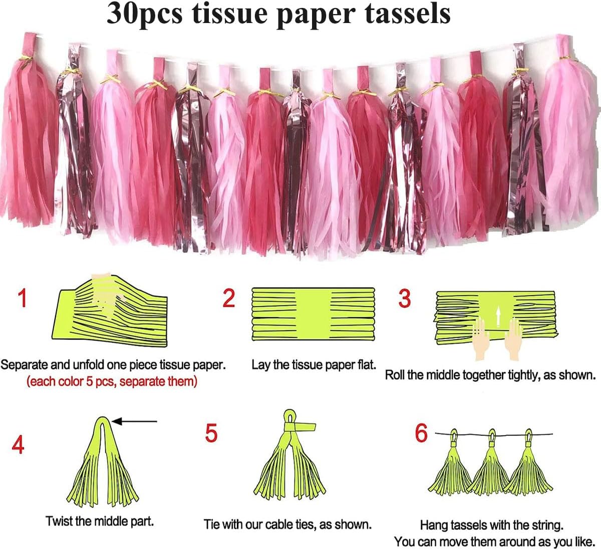 30pcs Paper Tassels Garland Banner Tissue Paper Tassel DIY Hanging Paper Decorations Party Tassel Garland Decor Baby Shower Nursery Wedding Festival Baby Shower Decoration(30, White)