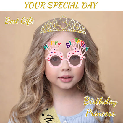 YARIEW 3rd Birthday Decorations, 3rd Glitter Purple Sash and Crown Kit with Happy Birthday Sunglasses, Tiara Princess Crown and Sash Party Outfit Accessory