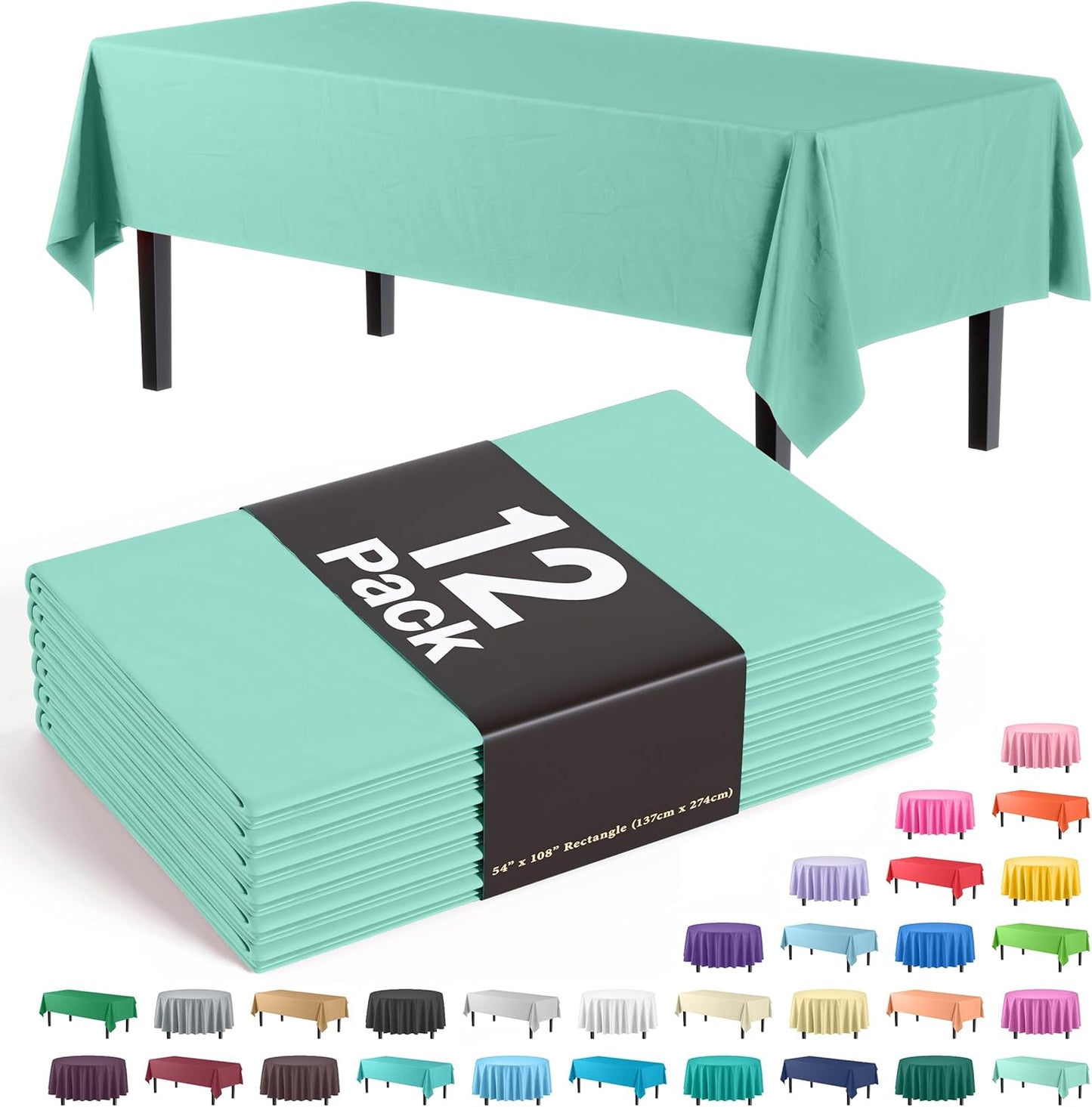 12-Pack Premium Plastic Tablecloth 54in. x 108in. Rectangle Table Cover - Dark Blue - Colors A
