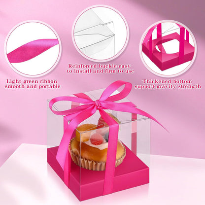 Thenshop 50 Pcs Clear Cupcake Boxes Individual 3.5 Inch Plastic Single Cupcake Containers Boxes with Inserts and Ribbon Individual Cake Storage Holders for Cake Kitchen(Dark Blue)