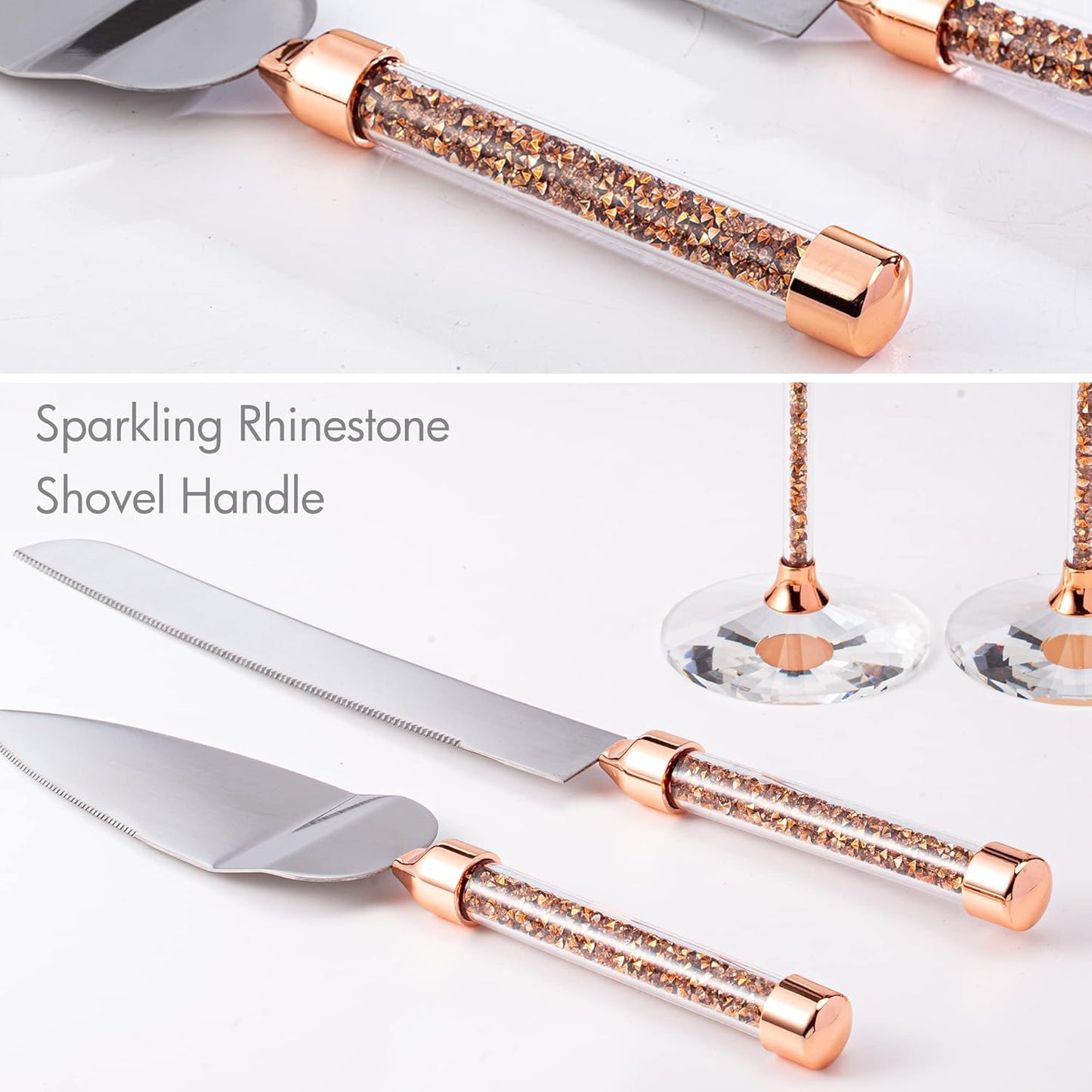 Wedding Cake Knife and Server Set, Mr and Champagne Flutes with Wedding Cake Cutting Set for Bride and Groom Toasting (Clear)