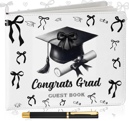 Patelai Pink Bow Graduation Guest Book Class of 2026 Party Decorations Leather Graduation Guest Signature Party Sign Gift with Pen, 112 Pages (Congrats Grad)