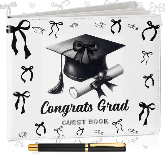 Patelai Pink Bow Graduation Guest Book Class of 2026 Party Decorations Leather Graduation Guest Signature Party Sign Gift with Pen, 112 Pages (Congrats Grad)