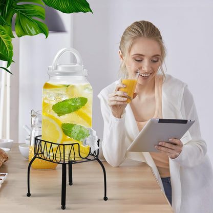 Tanlade 2 Pcs Plastic Drink Dispenser with Stand Beverage Dispenser with Sturdy Metal Base Juice Jar for Parties Lemonade Jar Spigot for Weddings Countertop Water, Each 1 Gallon (Gold)