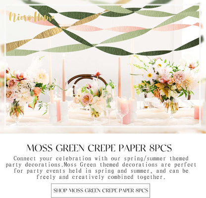 NICROHOME EUR Wedding Party Decorations, 8 Rolls Moss Sage Green Pink Crepe Paper Streamers for Boho Baby Shower, Wedding, Engagement Party, Spring Party, Birthday Party Supplies, 82 ft Long