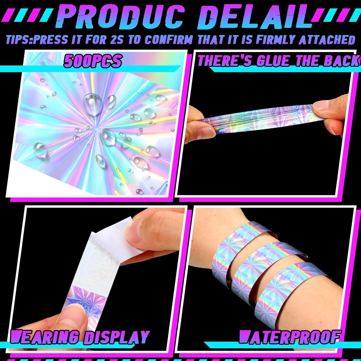 Glenmal 500 Pcs Holographic Plastic Party Wristbands Waterproof Event Neon Bracelets Wrist Bands Arm Bands for Water Parks Concerts Festivals Conferences Concerts(Fresh Style)