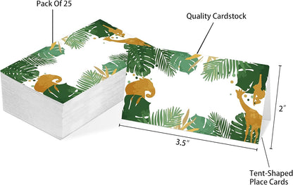 Table Place Card, Jungle Safari Animals Themed Tent Style Cards, Pack of 25 Half-Fold Reception Place Card, Gold Wild Animal Food Labels, Perfect for Baby Shower, Birthday Party C08