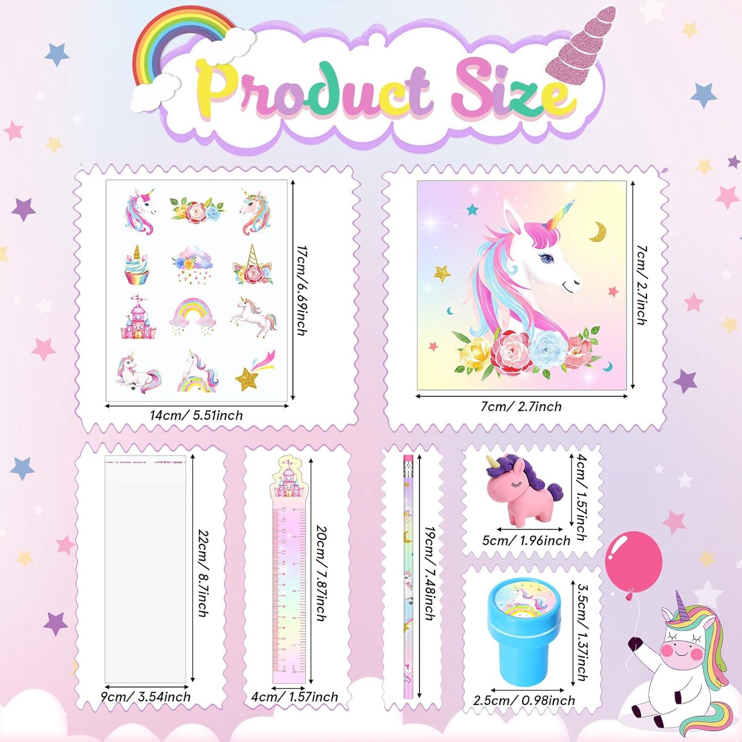 PerKoop 168 Pcs Unicorn Valentine's Day Favors Unicorn Goodie Favor Bags with Mini Notebook Pencil Sticker Stamp Pastel Rainbow Birthday Decor Prizes Gifts Goody Favors Bag Piñata Fillers Supplies
