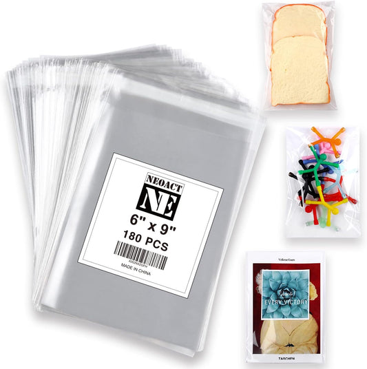 300 PCS Clear Flat Cellophane Treat Bags with 3x5",4x6",5x7",6x9",2x10",5x11",Treat Bags with Ties are Good for Pretzel Rods,Bakery, Cookies, Candies,Dessert.