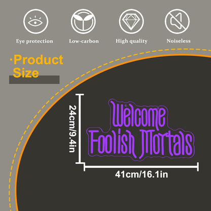 Welcome Foolish Mortals Neon Sign,Dimmable Spooky Gothic Purple Haunted Mansion Coffin LED Neon Signs for Wall Decor,USB Powered Led Neon Light for Haunted House Man Cave Halloween Party Birthday Gifts