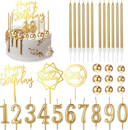 Yerliker 34 Pcs Happy Birthday Cake Toppers Decorations Birthday Candles DIY Cake Decor for Men Women Wedding Anniversary(Gold)