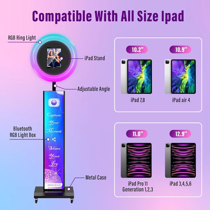 JIYANG Portable Photo Booth Compatible with Any Ipad,Photo Booth Stand Shell with ChackTok PhotoBooth VIP Member and Flight Case,Free Custom Logo,Perfect for Parties,Wedding and Events(White)