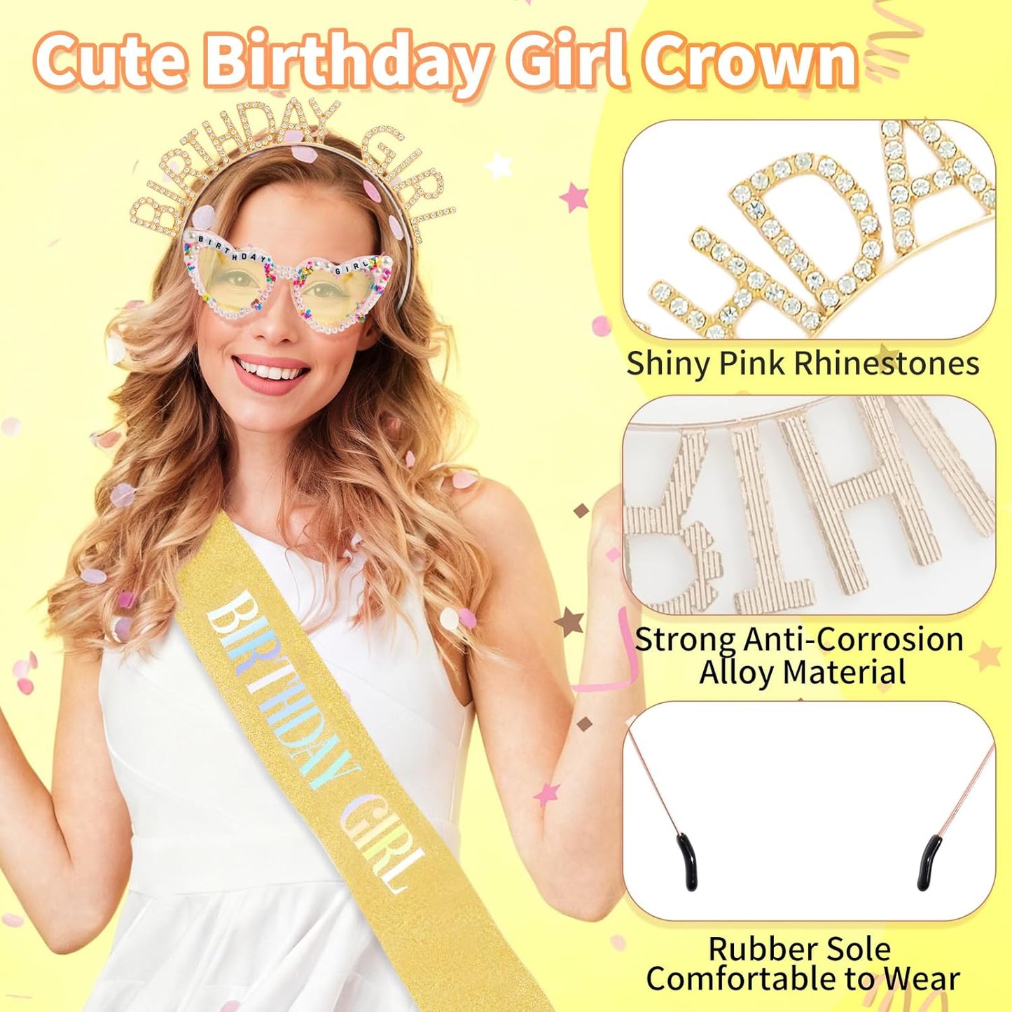 3Pcs Birthday Girl Sash Headband Set-Birthday Sash Tiara and Crown Sunglasses for Girls Women