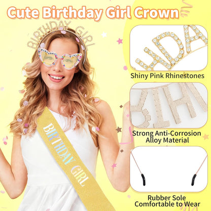 3Pcs Birthday Girl Sash Headband Set-Birthday Sash Tiara and Crown Sunglasses for Girls Women