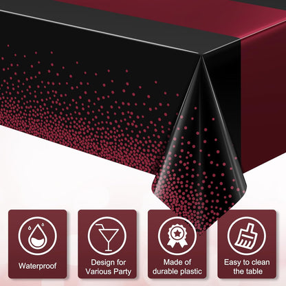 MASHAN 3Pcs Black and Red Tablecloth Party Decorations,Plastic Black Table Cloth Printed Red Table Runner Disposable Rectangle Cover for Birthday Weeding Anniversary Graduation Party,54 x108 Inch