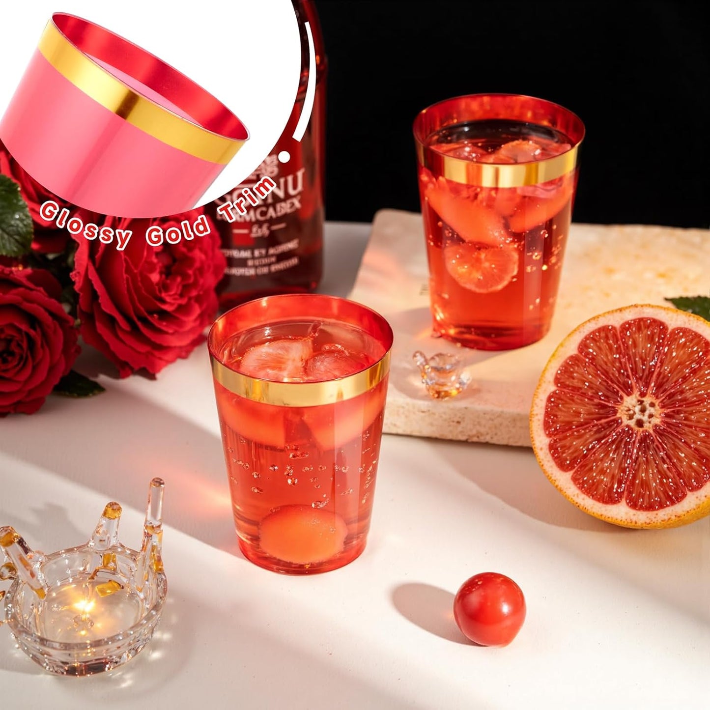 supernal 100pcs Gold Plastic Cups 12 oz, Glitter Clear Disposable Cups Heavy Duty, Fancy Plastic Cocktail Tumblers for Wedding, Parties Champagne & Mixed Drinks