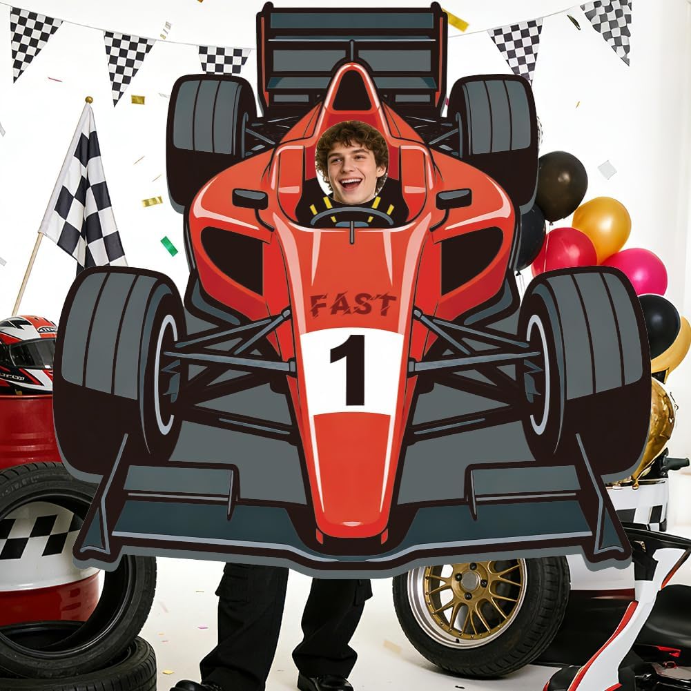WADORN Race Car Photo Prop Selfie Frame Banner, 5x5.2 Ft Large Racing Theme Party Decorations Backdrop Red Fast 1 Car Photography Background Hanging Supplies for Men Home Racing Birthday Party