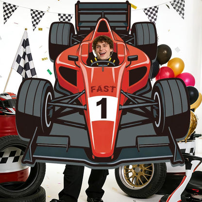 WADORN Race Car Photo Prop Selfie Frame Banner, 5x5.2 Ft Large Racing Theme Party Decorations Backdrop Red Fast 1 Car Photography Background Hanging Supplies for Men Home Racing Birthday Party