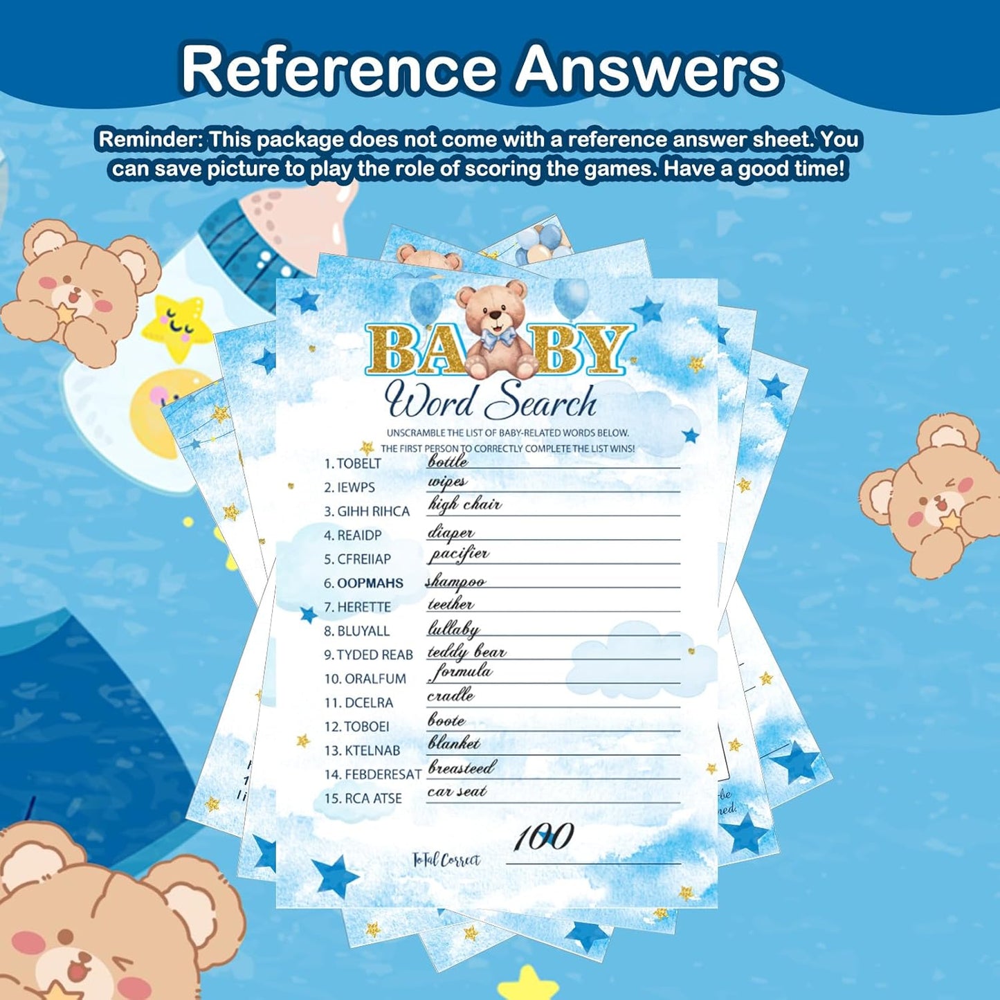 Yinder 145 Pcs Baby Shower Games Activities Cards with 20 Pencils Includes Baby Bingo Description and Wishes Guess Who Price is Right Word Scramble Game(Here Comes the Son)