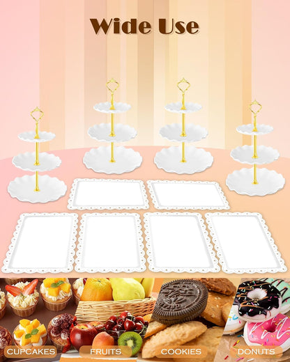 Hoedia 10 Pcs Cake Stand, Plastic Dessert Table Display Set, 4 Pcs 3 Tier Cupcake Stand Tower Holder and 6 Pcs Serving Tray for Tea Party Baby Shower Decorations
