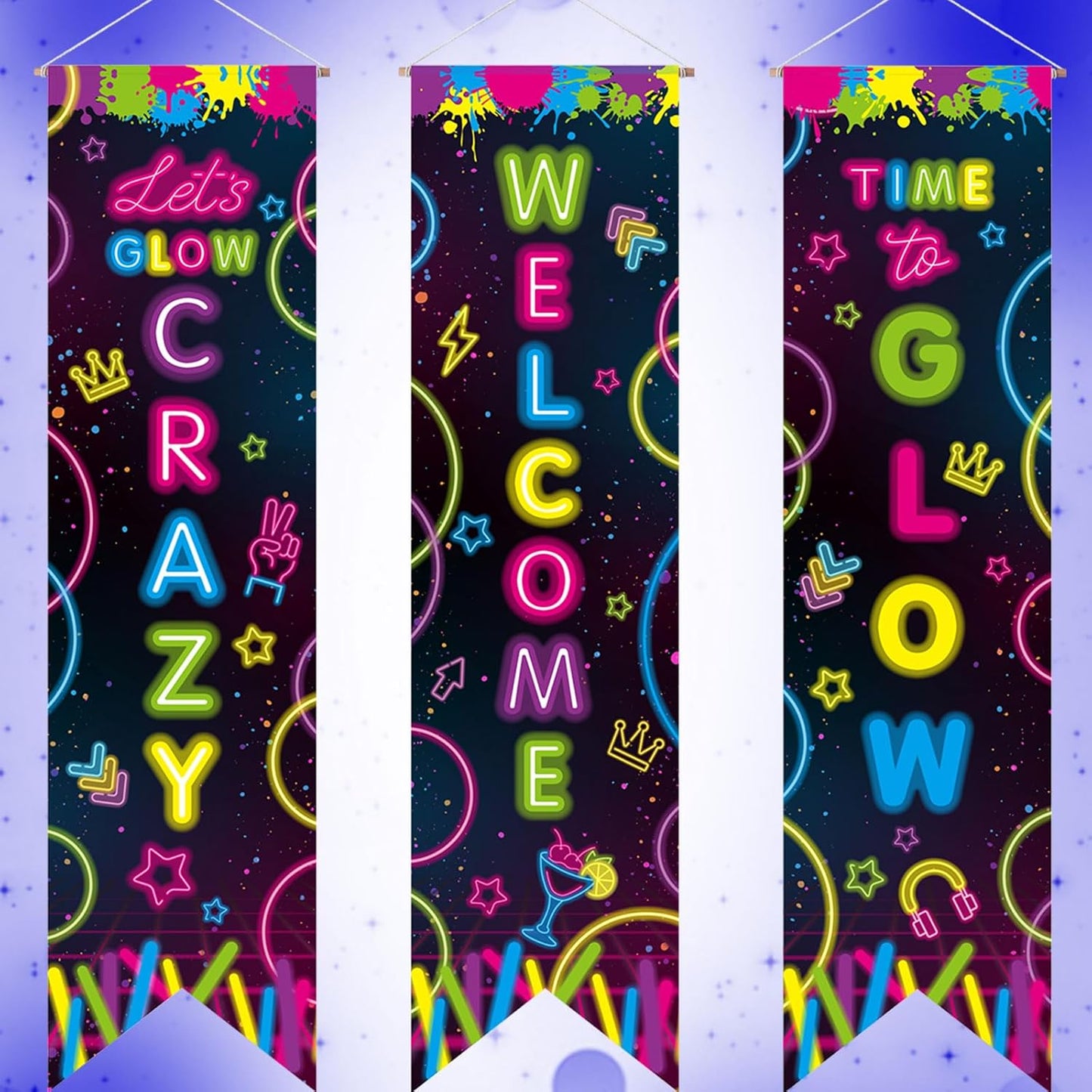 Chiisong 3 Pcs Neon Banner Party Decorations Let's Glow Banner Glow in the Dark Porch Sign Welcome Birthday Porch Sign for Neon Birthday Party Supplies Club Halloween Classroom Decorations