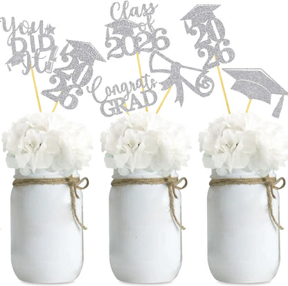 Graduation Centerpiece Sticks 24PCS Glitter Grad Picks Party Table Decor Senior High School College Sign Gold