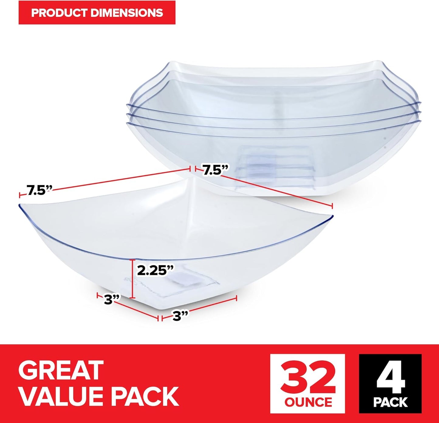 64oz Clear Plastic Serving Bowls (4 Pack) Large Disposable Candy Dishes, Square Plastic Buffet Containers for Chips, Snacks, Mints, Salad Bar, Snack Bowl Parties, Office, Bridal Shower, Party Supplies
