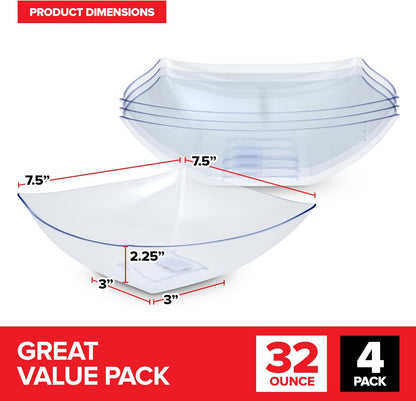 64oz Clear Plastic Serving Bowls (4 Pack) Large Disposable Candy Dishes, Square Plastic Buffet Containers for Chips, Snacks, Mints, Salad Bar, Snack Bowl Parties, Office, Bridal Shower, Party Supplies