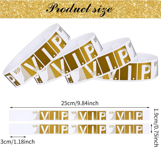 100 Pcs VIP Wristbands for Events Waterproof Paper Bracelets Lightweight Event Wristbands for Party Concert Club Amusement Park Festivals (Gold)
