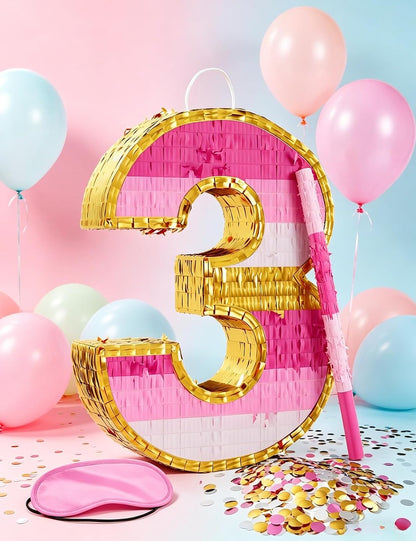 Number 5 Piñata with Stick, Blindfold & Confetti-Pink Piñata for Birthday Parties, Complete Party Game Set for Kids Girls-Gradient Pink Birthday Decor with Fillable Design(Small, 16.5 x 11.5 x 3 In)