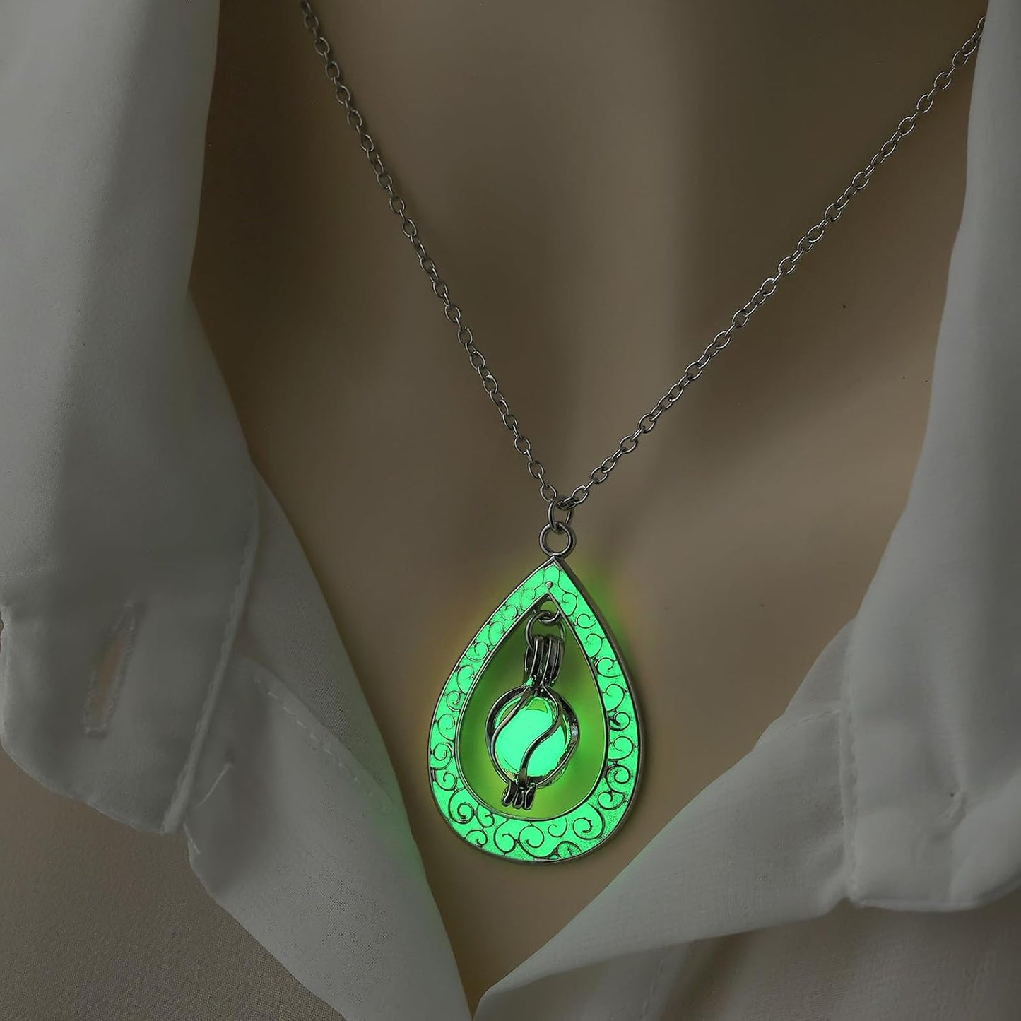EEQQBZ Glow in The Dark Silver Teardrop shape necklace,Fantasy Glowing Jewelry Charm